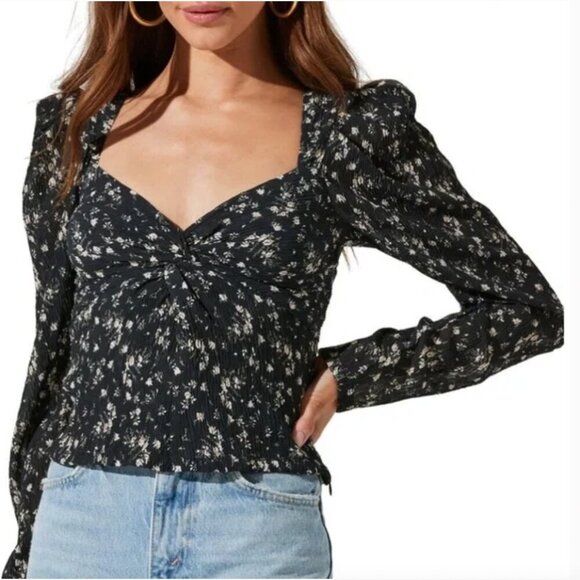 ASTR | Black Floral Print Long Sleeve Twist Front Top Size Medium - Picture 1 of 7
